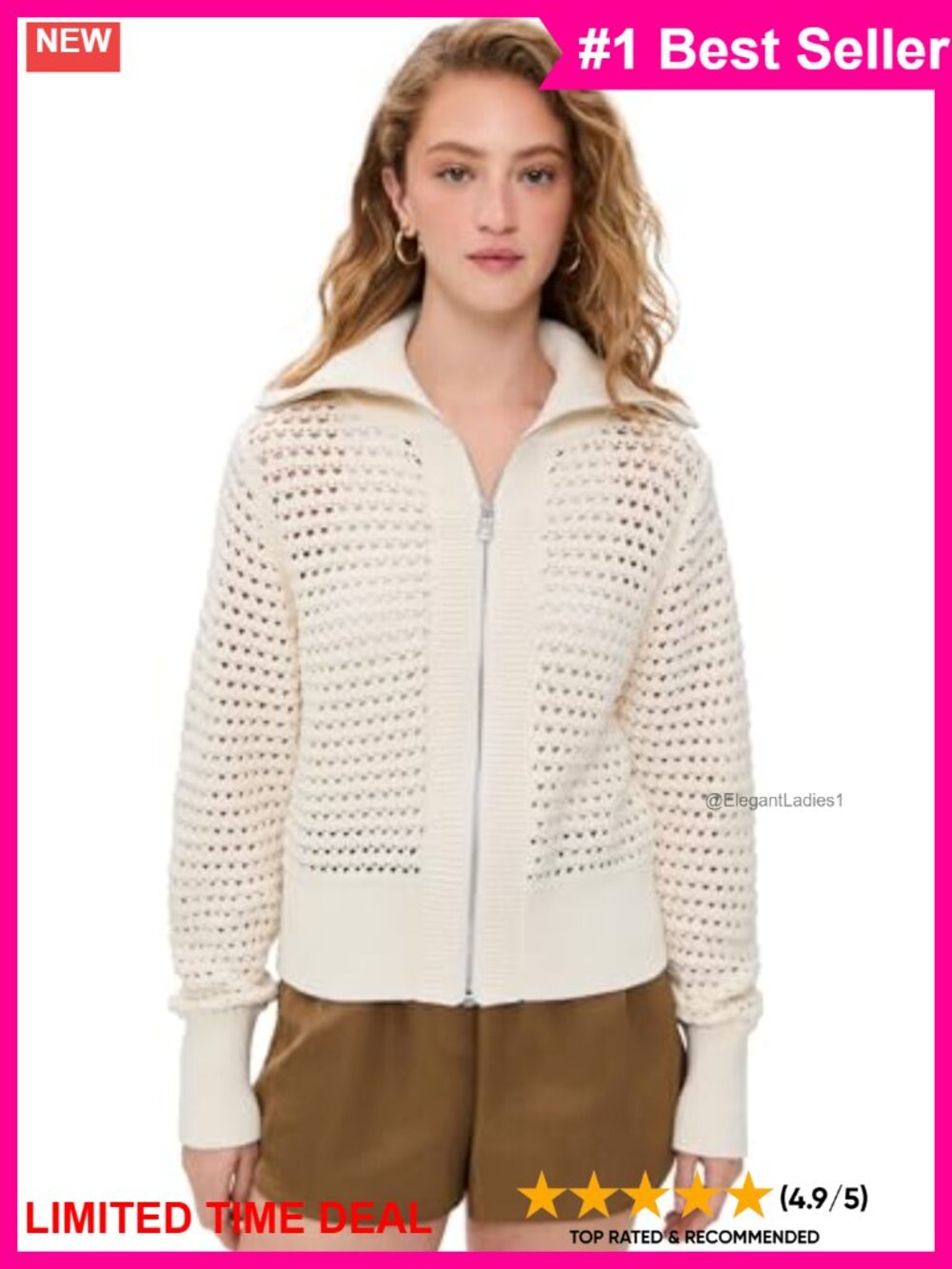 Varley Eloise Full Zip Knit Lightweight Pointelle Cardigan Oversized Sweater